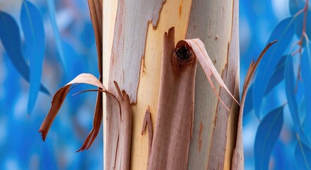 Obraz premium Detailed macro shot showcasing the peeling, textured bark of a eucalyptus tree, accented by surreal, vibrant blue leaves in the background, detailed, environmental, organic