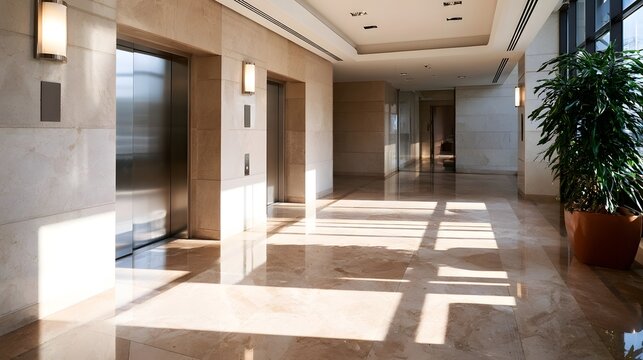 Upscale elevator lobby featuring polished marble floors bathed in bright morning sunlight