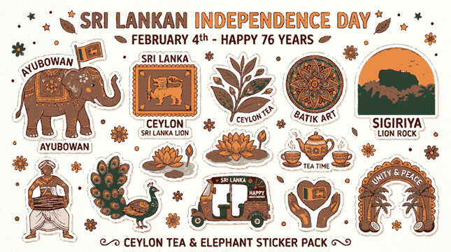 Sri lanka independence day doodle sticker set