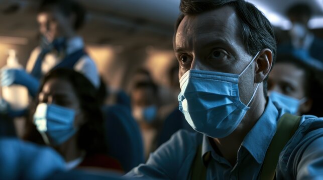 airline outbreak simulation, passengers, on edge amid viral scare, don masks and gloves while flight crew distributes sanitizers in tense, cinematic cabin scene