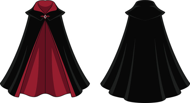 Detailed vector illustration of a mysterious black vampire cloak with red silk lining and ruby brooch on a white background.