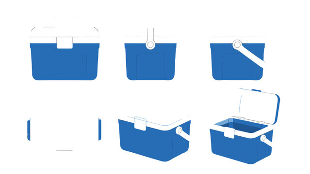 Blue portable cooler box icon set in multiple views