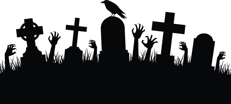 Eerie graveyard silhouette featuring zombie hands rising from the grass and a raven on a tombstone in dark light.