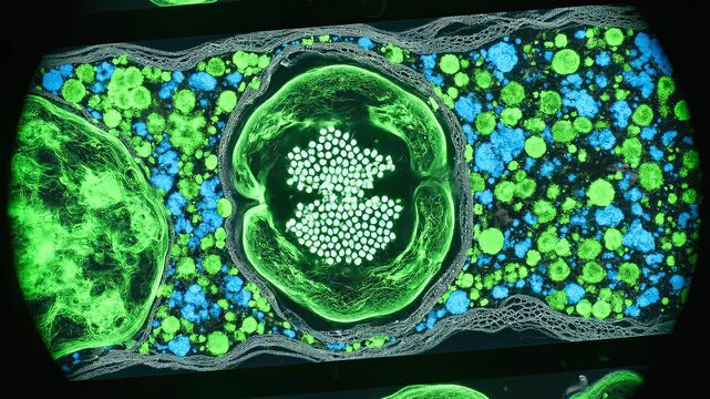Laboratory slide revealing cells top view under fluorescent microscopy green and blue structures for biomedical research, pathology analysis, microbiology education, diagnostic imaging, tissue study