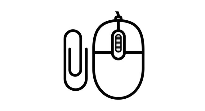 Computer mouse next to paperclip line art icon.