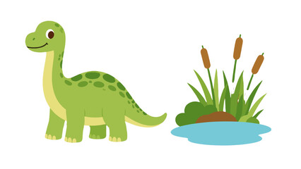 Cute green cartoon dinosaur beside a pond with reeds © icon_art