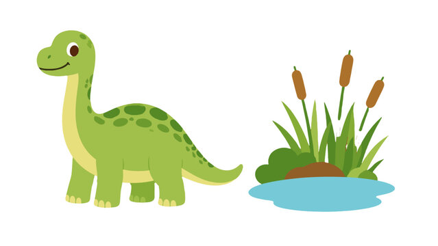 Cute green cartoon dinosaur beside a pond with reeds