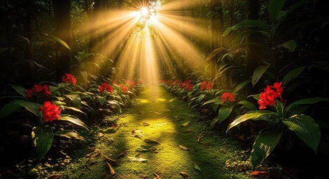 Golden sunbeams pierce through a dense jungle canopy, lighting up a green mossy path lined with exotic red flowers and tropical foliage, misty, background, wood
