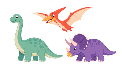 Cute cartoon dinosaur set with sauropod, triceratops, and pterosaur © icon_art