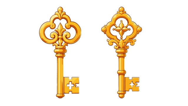 Ornate golden antique keys in decorative cartoon vector style