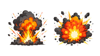 Cartoon explosion blasts with fire, smoke, and flying debris © icon_art