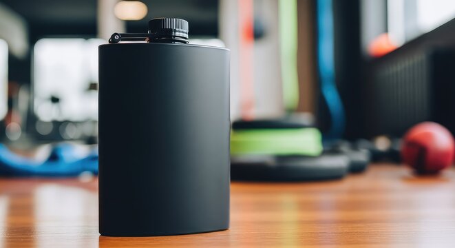 Matte black reusable flask rests on a timber surface inside a fitness studio with soft bokeh gym gear behind, emphasizing healthy living, hydration, wellness, refreshment