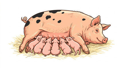 Sow nursing her newborn piglets on straw vector illustration © Lapak orang bejo