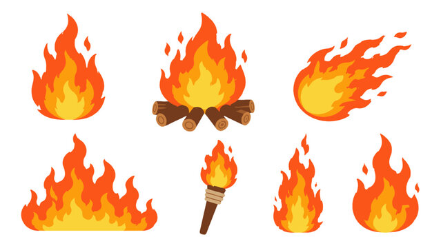 Set of cartoon fire flames and bonfire vector elements