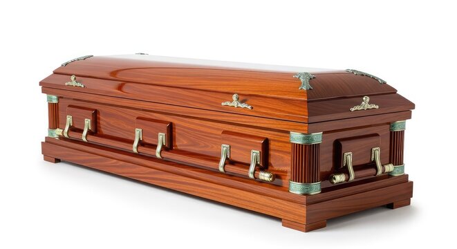 Professional studio shot of a classic mahogany casket with elegant metal hardware, positioned centrally on a pure white backdrop surface, wood, glossy, object