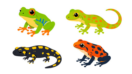Obraz premium Cartoon frog, lizard and salamander animal set illustration