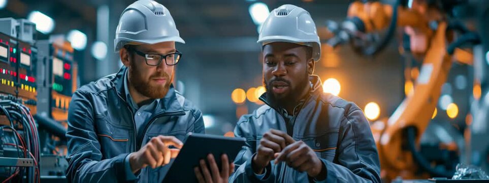 Two factory engineers wearing white safety helmets discussing workflow beside an orange industrial robotic arm, highlighting automation, manufacturing, and teamwork in modern industry.