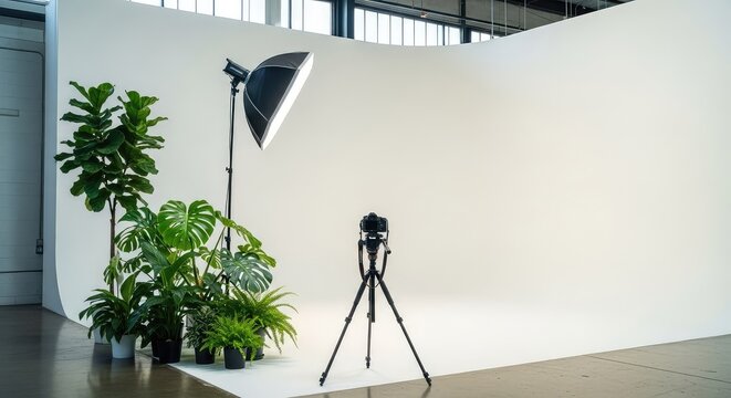 Spacious industrial warehouse photo studio with a white cyclorama wall, lush green plants, professional camera equipment and soft light, professional, bright, filming