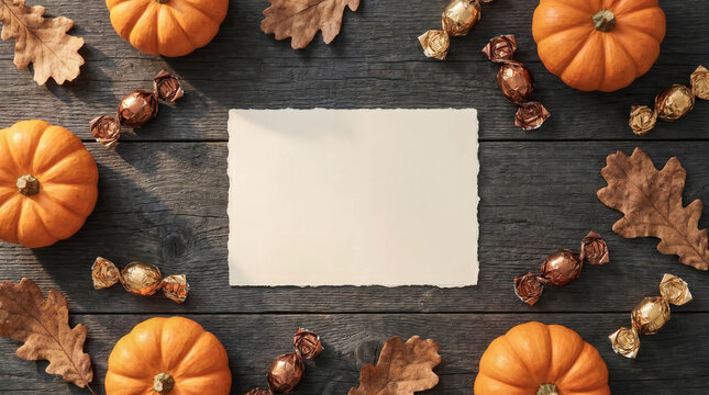 Small pumpkins and leaves frame a blank note. Candy pieces and autumn foliage add warmth. Dark wood background enhances seasonal theme. Perfect for fall invitations or recipe cards