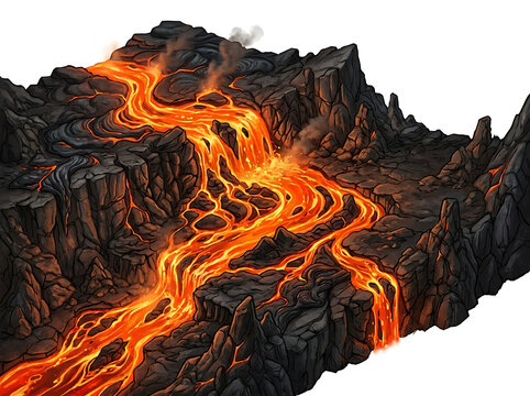 Molten lava flowing down volcanic mountain slope.