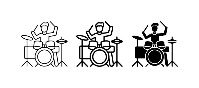 Drummer Icon Set, Musician Playing Drums, Percussionist Vector Graphics