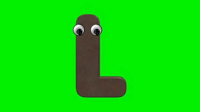 Funny cartoon letter character with 3d chocolate texture and eyes on green screen