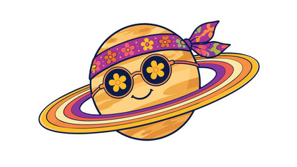 Groovy Saturn planet cartoon with glasses and floral headband © icon_art
