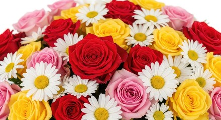 Fototapeta premium Vibrant composition of mixed flowers including roses and daisies arranged in a dense and colorful pattern ideal for backgrounds and decor, garden, pastel, print