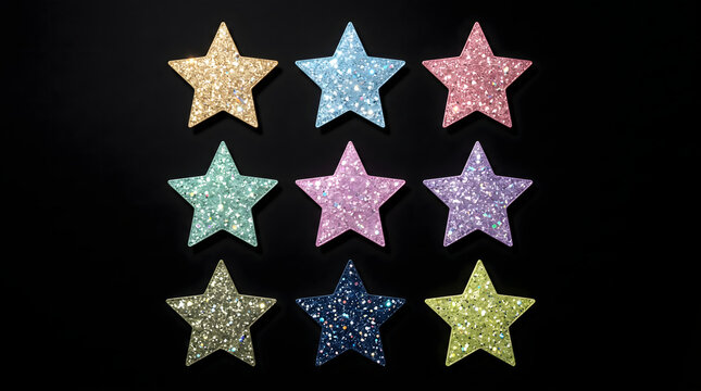 Colorful Glitter Star Decorations on Black Background with Nine Sparkling Pastel Sequined Stars