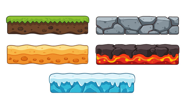 Cartoon game terrain platform tiles with grass, stone, sand and lava