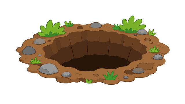 Cartoon dirt pit with rocks and grass on white background
