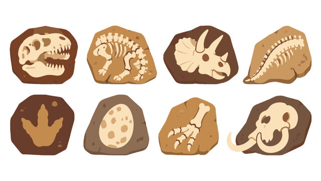 Cartoon dinosaur fossils and prehistoric remains in stone set
