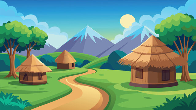 African village scene with thatched huts during sunny daytime beside mountains and trees vector illustration