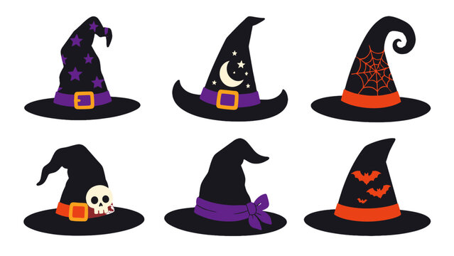Set of cartoon Halloween witch hats with spooky decorative details