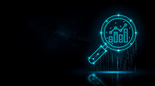 Illustrative stock image showing a magnifying glass focusing on a glowing bar chart, symbolizing data analysis and insights in a tech-driven environment.