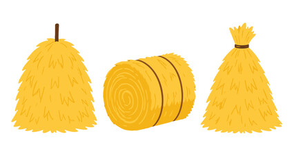 Set of cartoon haystacks and rolled hay bale vector © icon_art