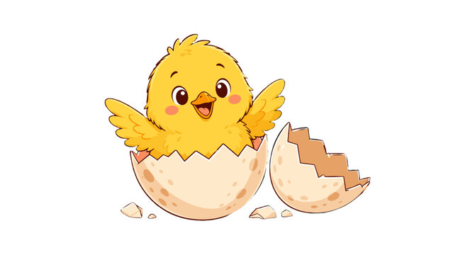 Cute yellow chick hatching from a cracked eggshell illustration