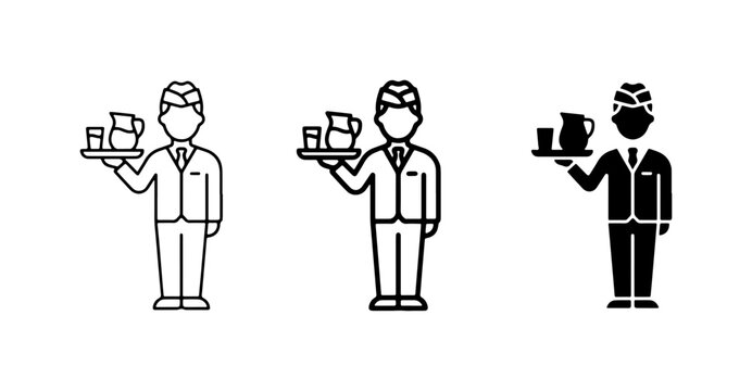 Waiter Serving Drinks Vector Icons, Hospitality Service Flat Symbols, Restaurant Staff Silhouette