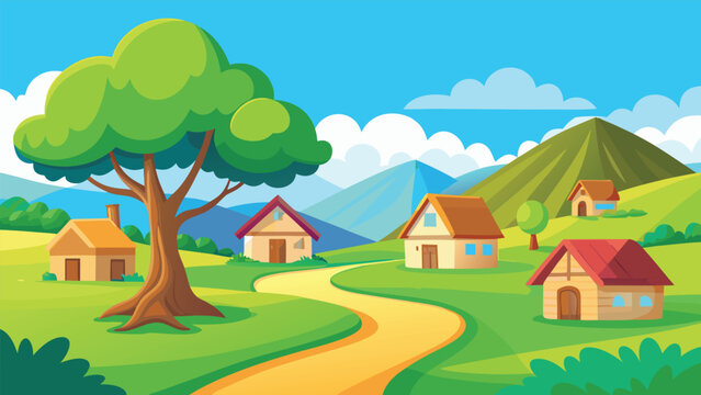 Cartoon village with rolling green hills during daytime with a winding path and large tree