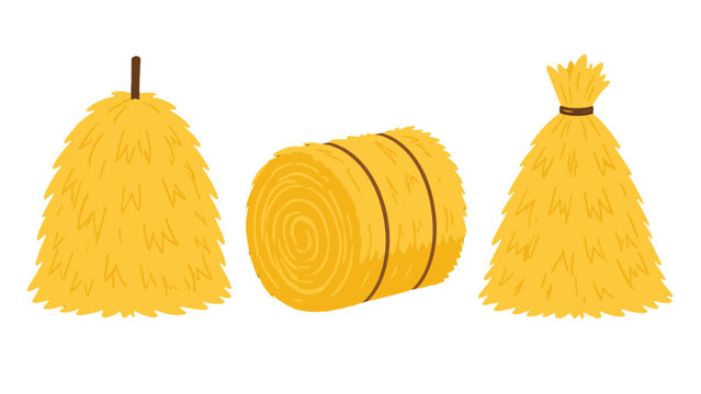 Set of cartoon haystacks and rolled hay bale vector