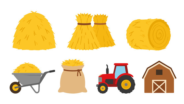 Cartoon farm hay set with haystack bale wheelbarrow tractor