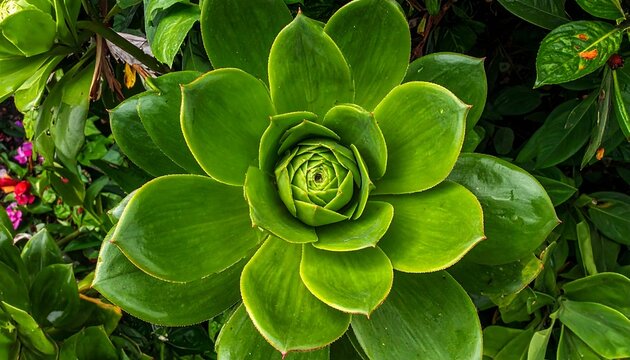 A close-up of a vibrant green succulent plant with thick, fleshy leaves arranged in a rosette pattern