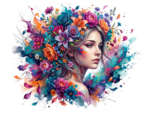 Woman with colorful floral abstract background portrait.