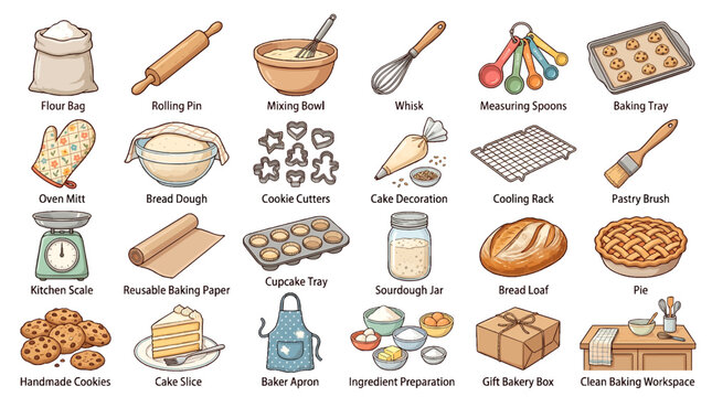 Hand Drawn Baking and Pastry Tools Collection with Cute Kitchen Utensil Icons