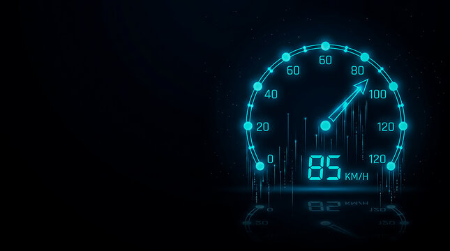 Futuristic digital speedometer with glowing blue LED markers showing 85 kilometers per hour on a dark background.