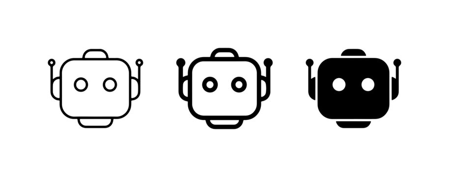 Robot Icons, AI Bot Faces, Android Head Symbols, Automation Technology Vector Set