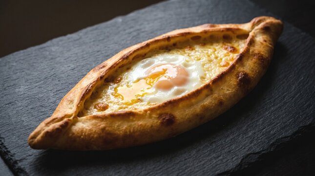 Turkish pide flatbread boat with egg and cheese golden baked traditional cuisine