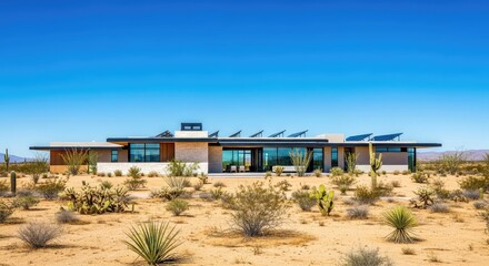 Fototapeta premium A modern desert house features sleek rooftop solar panels under a bright blue sky, showcasing sustainable living in a hot, sunny environment, construction, xeriscape, power