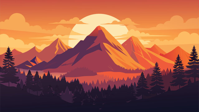 Mountain landscape during sunset with sun and clouds pine forest foreground vector illustration