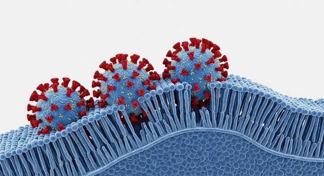 Detailed cryo electron microscopy rendering shows avian influenza virus particles docking onto a biological host cell membrane interface, science, protein, visualization